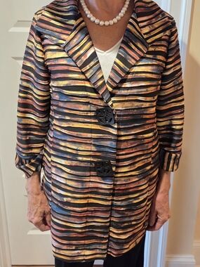 Women's Striped Multi-Color Long Jacket - Elegant Button Front